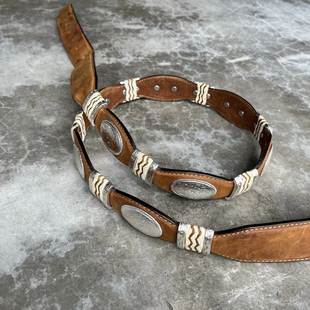 True Vintage Tony Lama Brown Leather Belt Studded Silver Size 44